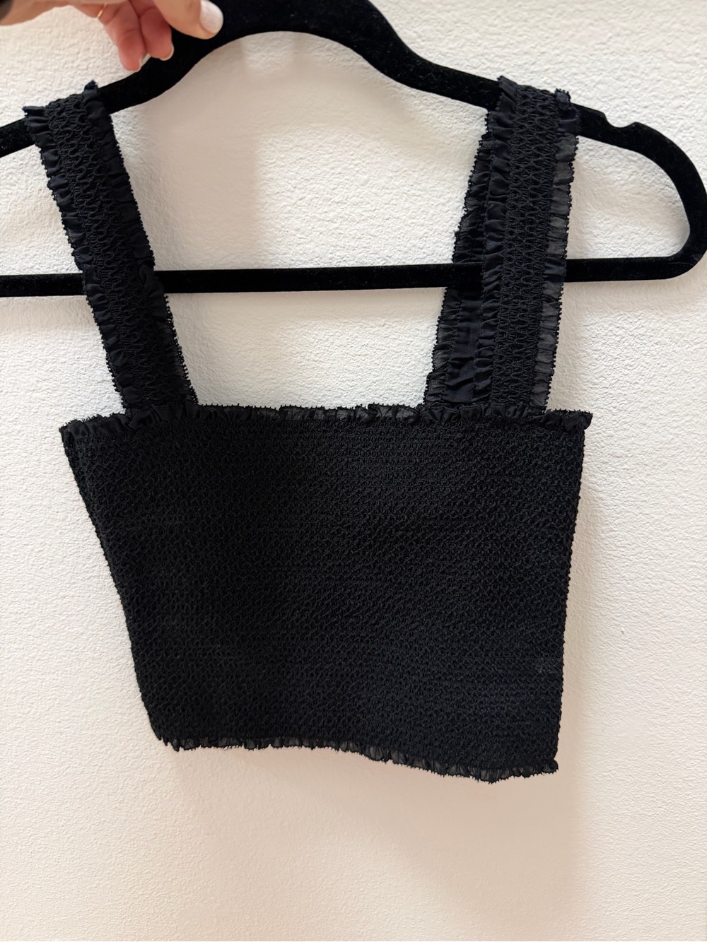 Alice + Olivia Black Smocked Square-Neck Crop Top